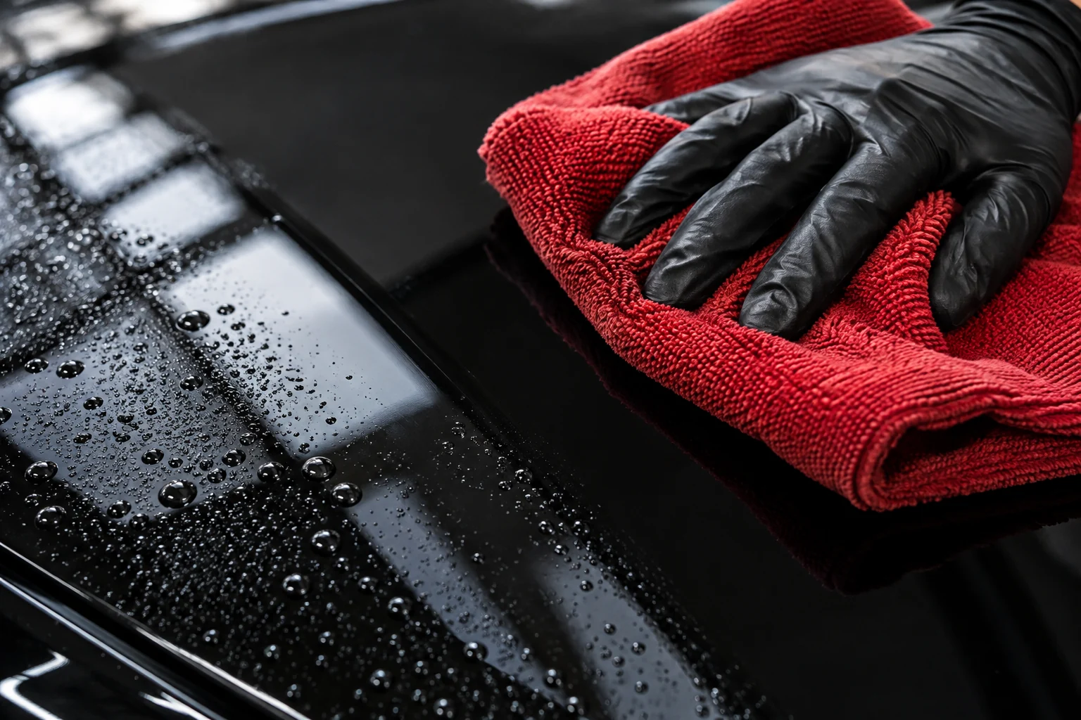 Nettoyage de la carrosserie avec une microfibre rouge, illustration