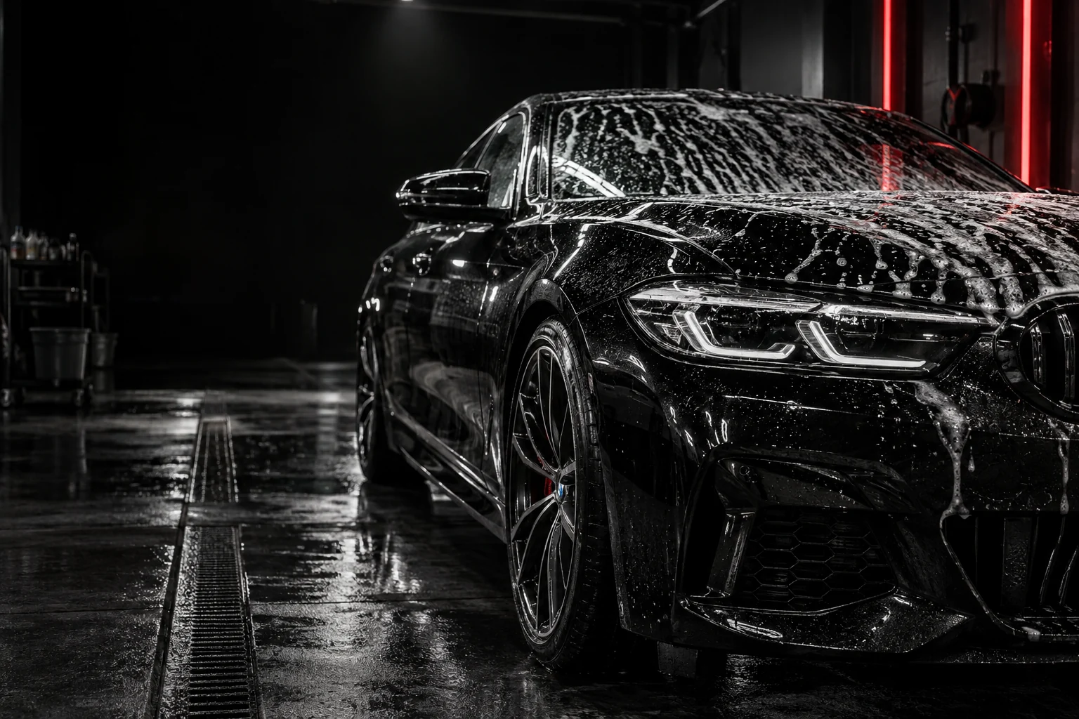 Berline noire couverte de mousse dans un espace de lavage, photographie d’ambiance